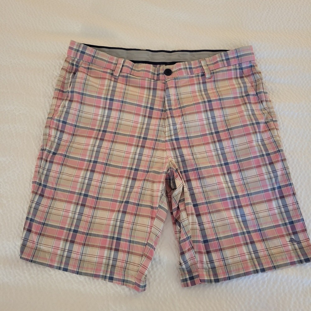 Tommy Bahama Plaid Shorts Mens 35 Pink Blue Tan Nylon Stretch Casual Resort Golf